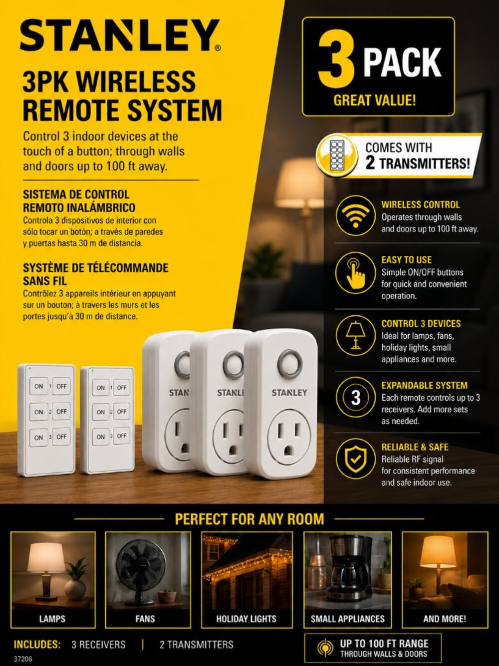 STANLEY Wireless Remote Control Outlet Plugs with 2 remotes and 3 sockets Indoor